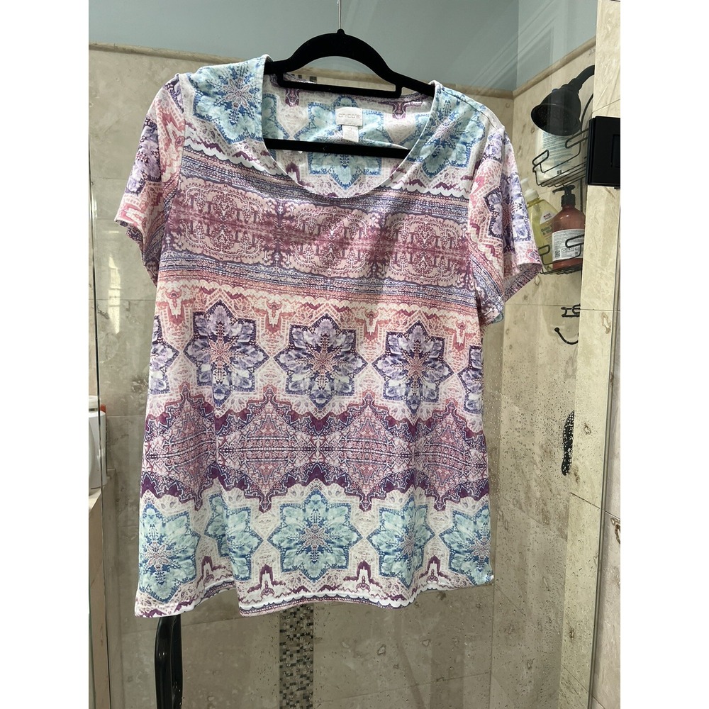 Chicos Womens Medallion Print Blouse Blue Pink White Short Sleeve Size 2 Large